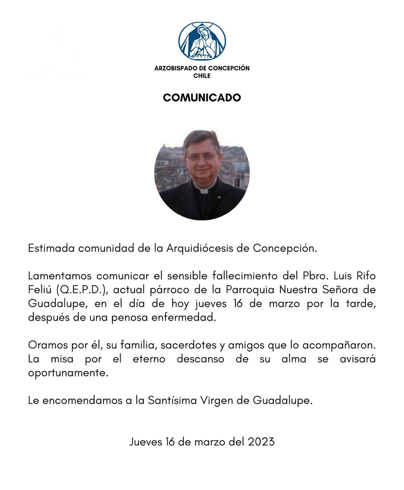 Q.E.P.D. Q.F. Pbro. Luis Rifo Feliú, exalumno de la Facultad