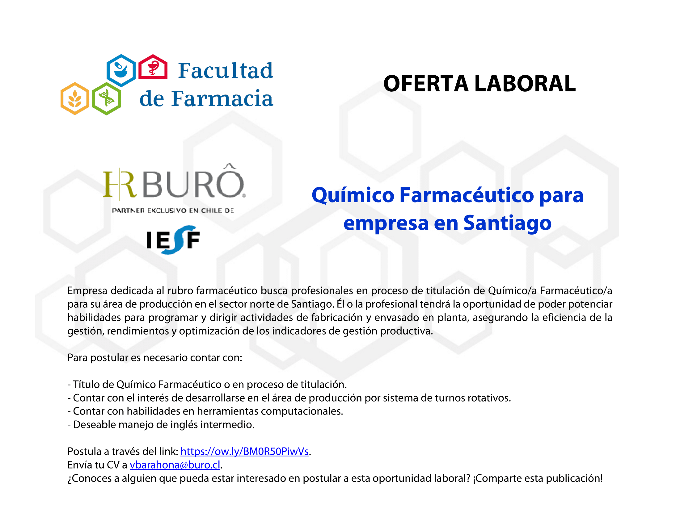 Oferta Laboral: Químico Farmacéutico para empresa en Santiago